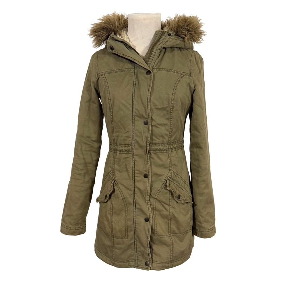 Hollister Women's Olive Green Faux Fur Hood Cotton Parka‎ Jacket Size S Y2K